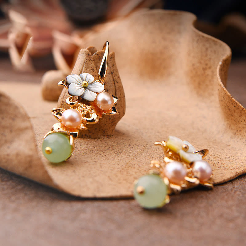 KarmaRipple's 14K Gold Plated Tridacna Stone Flower Pearl Green Aventurine Bead Drop Earrings p6