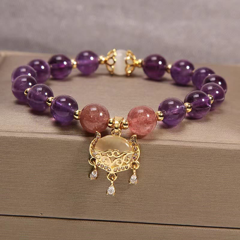 KarmaRipple's Authentic Amethyst Strawberry Quartz Cat Eye Chinese Lock Talisman Balancing Bracelet p8