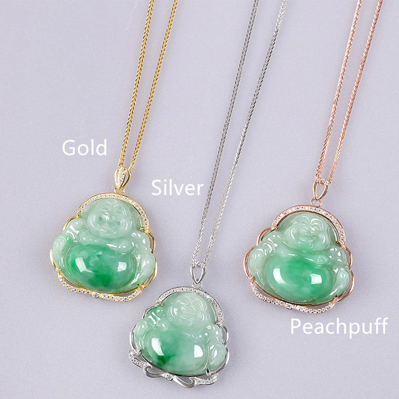 KarmaRipple's 925 Sterling Silver Laughing Buddha Authentic Jade Prosperity Pendant Chain Necklace p17