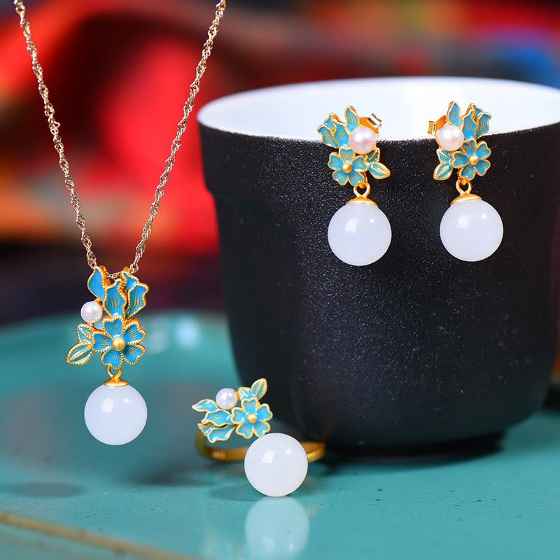 KarmaRipple's Ivory Jade 925 Sterling Silver Pearl Flower Blessing Pendant Necklace Ring Earrings p31