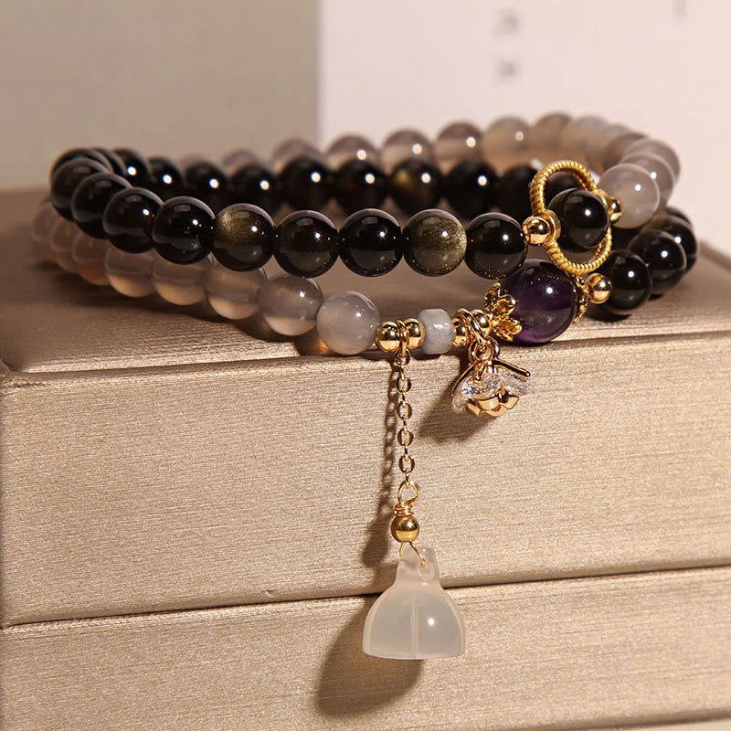 KarmaRipple's Gold Sheen Obsidian Gray Agate Lotus Talisman Strengthen Double Wrap Bracelet p3