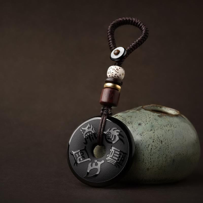 KarmaRipple's Black Obsidian Taoism Five Sacred Mountains Carved Strength Peace Buckle Pendant Necklace Key Chain Phone Hanging Decoration p12
