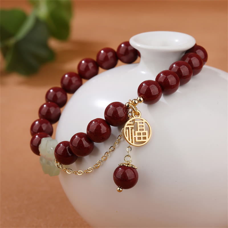 KarmaRipple's Cinnabar Fu Character Hetian Jade Fortunate Four Leaf Clover Blessing Bracelet p2
