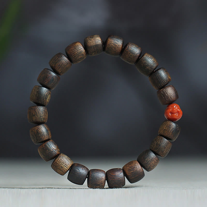 KarmaRipple's Nha Trang Rare Bai Qinan Agarwood Cyan Jade Red Agate Laughing Buddha Tibetan Bone Strength Meditation Bracelet p47