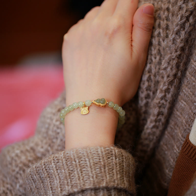 KarmaRipple's 925 Sterling Silver Plated Gold Authentic Hetian Jade Bead Gourd Lotus Bamboo Fu Character Fortune Bracelet p25