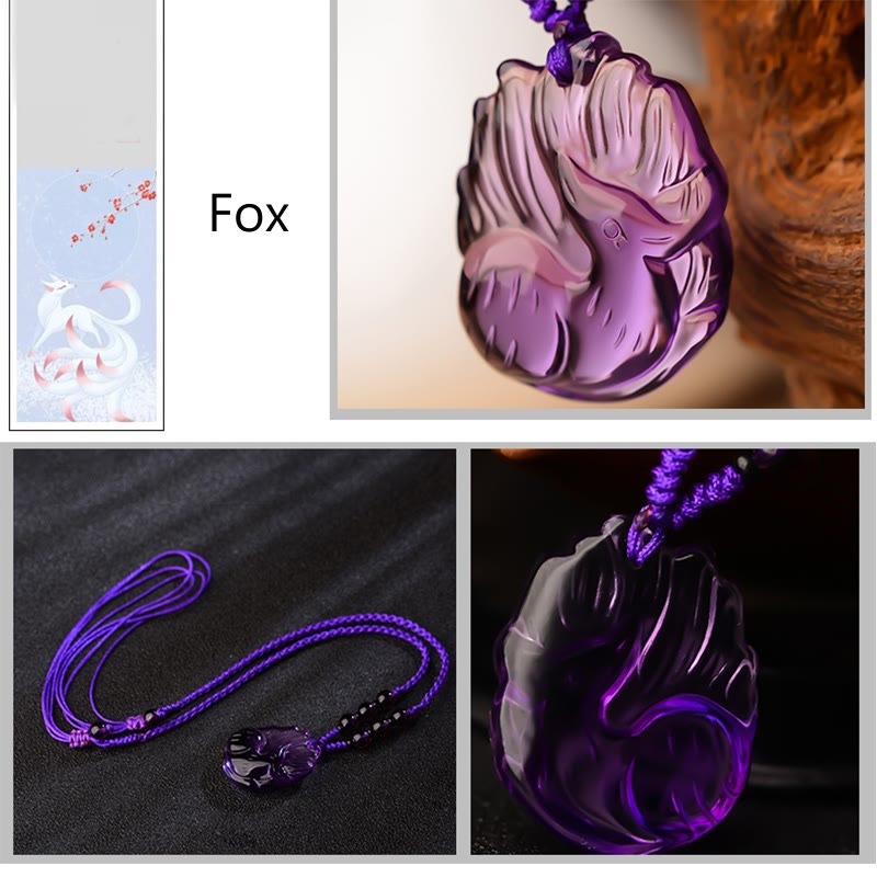 KarmaRipple's Authentic Amethyst Ivory Gemstone Citrine Nine Tailed Fox Fortune Pendant Necklace p11