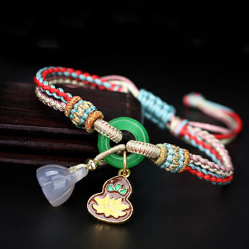 KarmaRipple's Colorful Rope Chalcedony Lotus Jade Peace Buckle Balance Gourd Talisman Bracelet p17