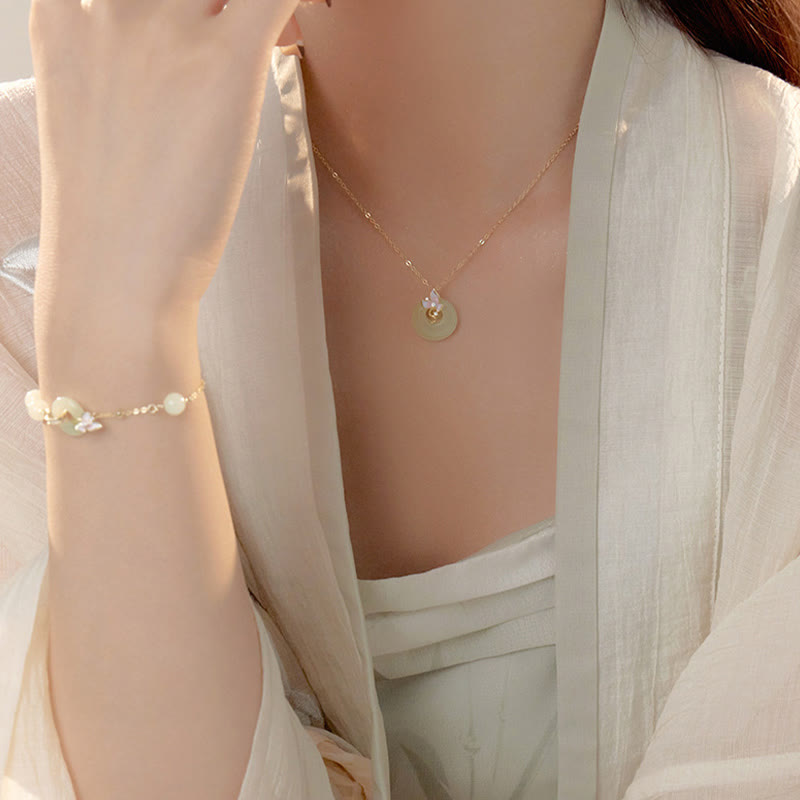 KarmaRipple's 925 Sterling Silver Authentic Hetian Jade Peace Buckle Orchid Fortune Bracelet Pendant Necklace Set p5