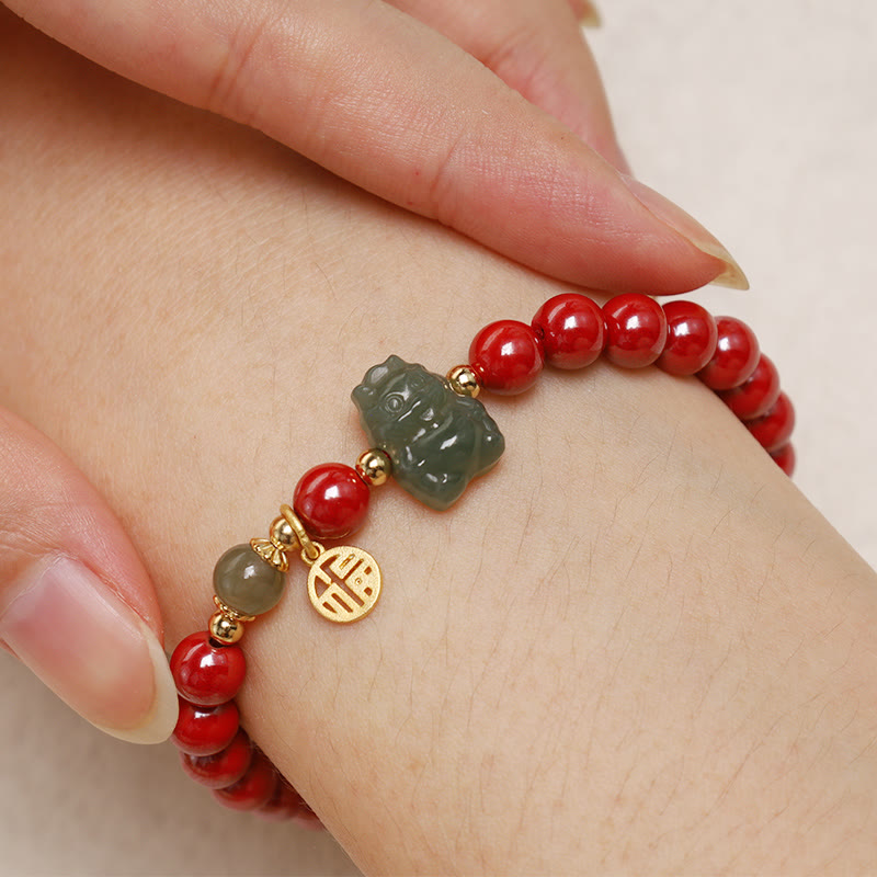 KarmaRipple's 925 Sterling Silver Year of the Dragon Authentic Cinnabar Hetian Jade Dragon Fu Character Ruyi As one'shes Talisman Blessing Bracelet ( p7