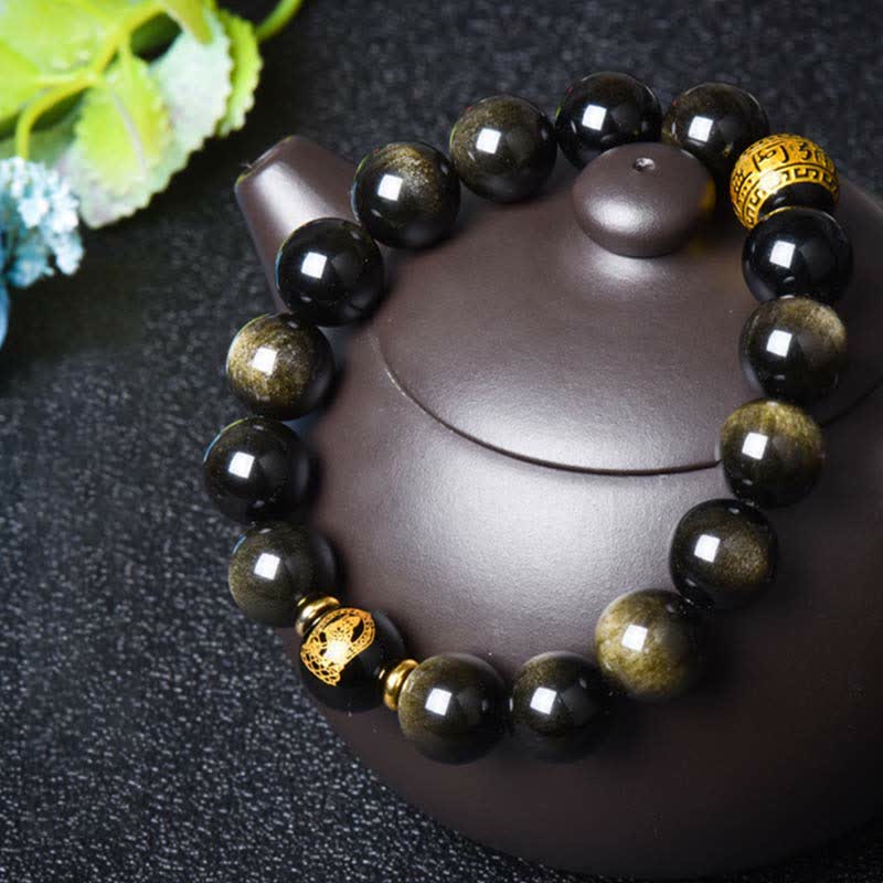 KarmaRipple's Chinese Zodiac Natal Buddha Gold Sheen Obsidian Wealth Protection Bracelet p21