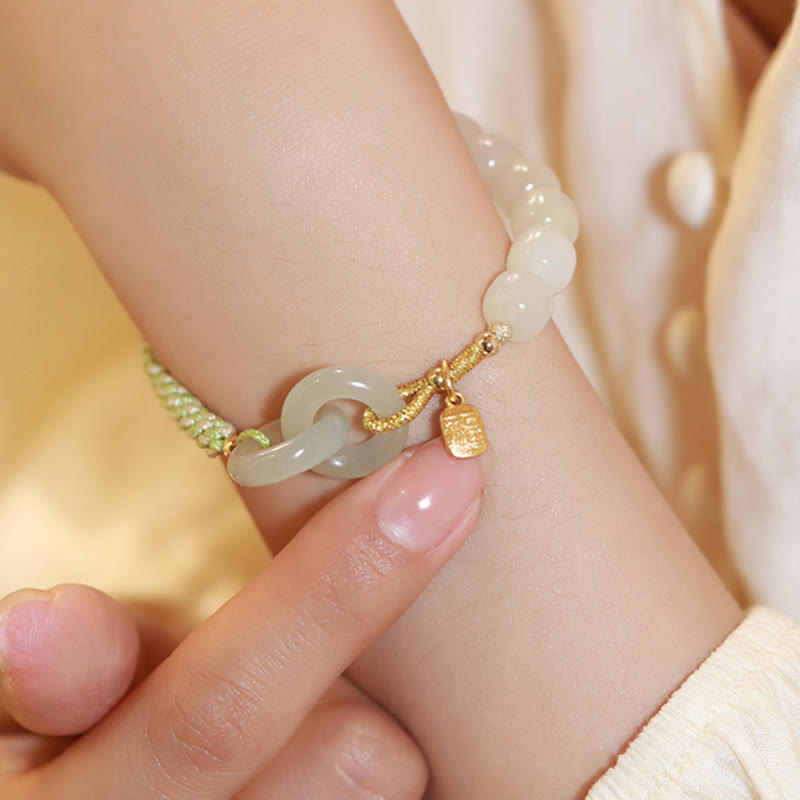 KarmaRipple's Authentic Hetian Jade Bead Double Peace Buckle Fu Character Abundance Woven Bracelet p5