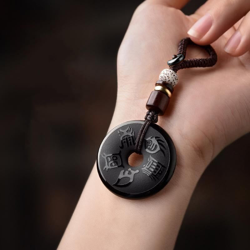 KarmaRipple's Black Obsidian Taoism Five Sacred Mountains Carved Strength Peace Buckle Pendant Necklace Key Chain Phone Hanging Decoration p7