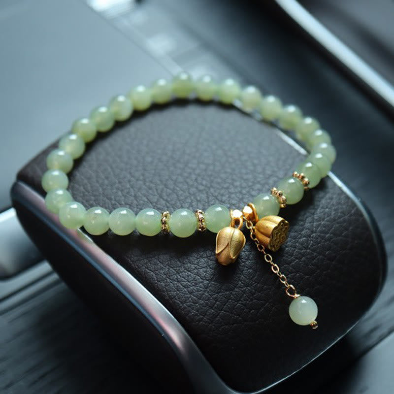 KarmaRipple's 925 Sterling Silver Plated Gold Authentic Hetian Jade Bead Gourd Lotus Bamboo Fu Character Fortune Bracelet p49