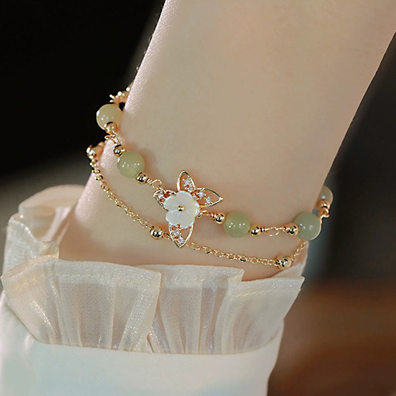 KarmaRipple's 14K Gold Plated Jade Butterfly Tridacna Stone Flower Double Layer Fortune Bracelet p7