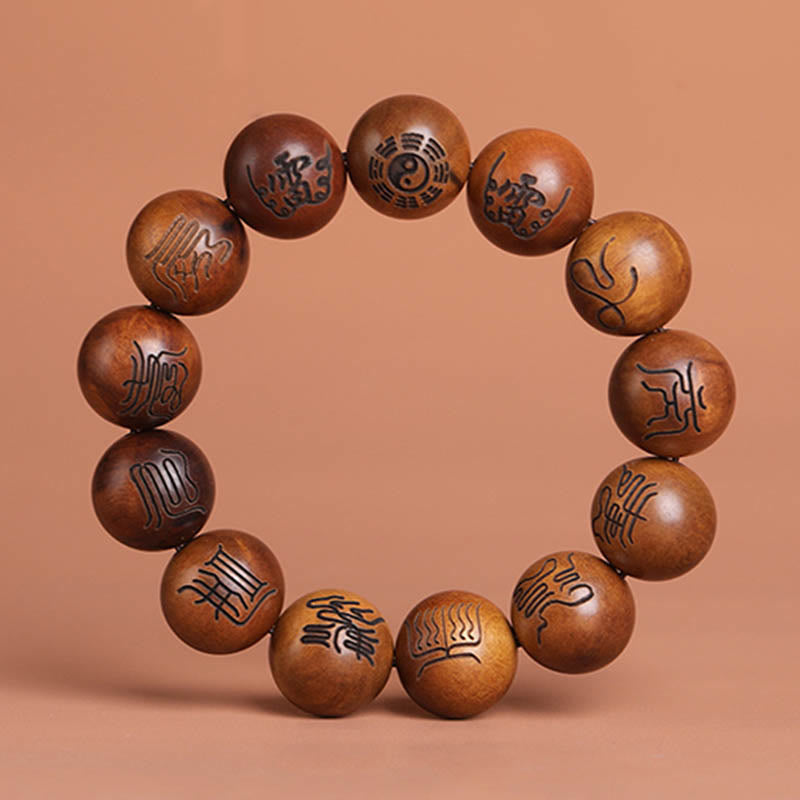 KarmaRipple's Lightning Struck Jujube Wood Yin Yang Bagua Taoist Taboo Scripture Symbol Engraved Fortune Bracelet p16