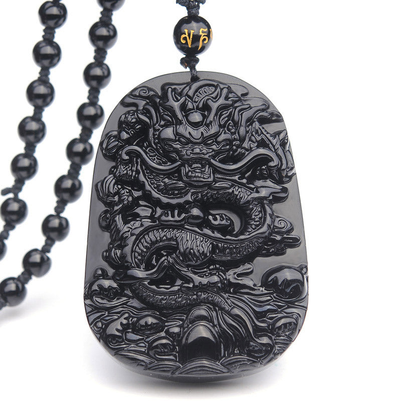 KarmaRipple's Black Obsidian Stone Dragon Fulfilment Necklace Pendant p1