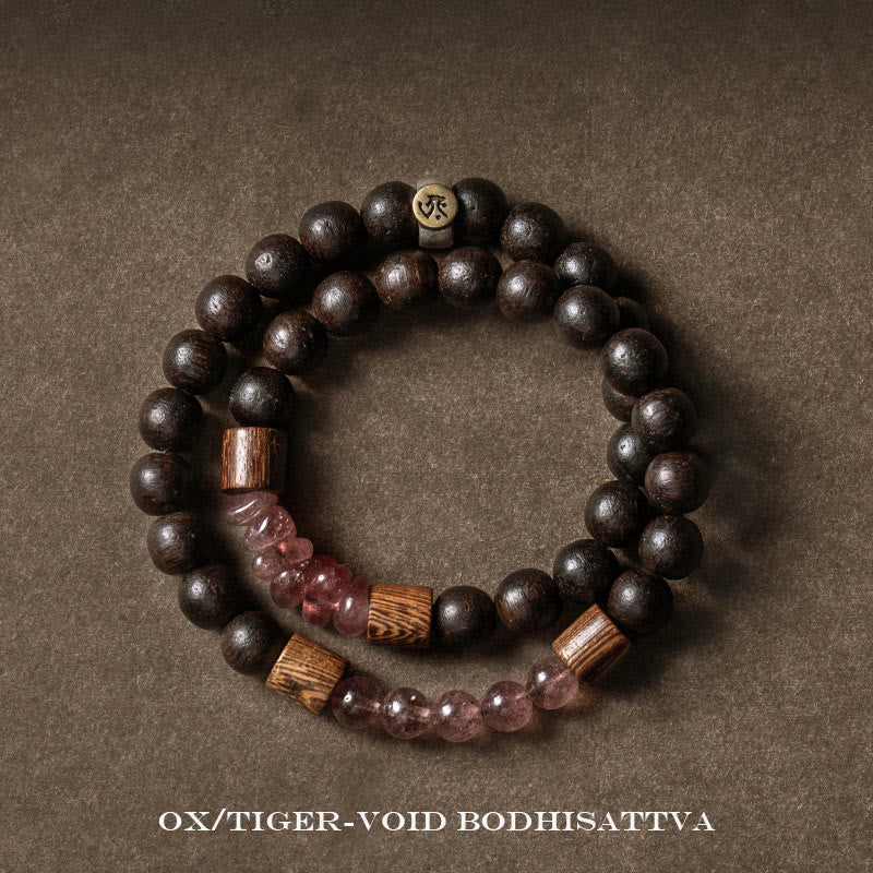 KarmaRipple's 925 Sterling Silver Chinese Zodiac Natal Buddha Agarwood Strawberry Quartz Peace Double Wrap Bracelet p2