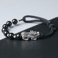KarmaRipples 999 Sterling Silber FengShui PiXiu Authentischer schwarzer Obsidian 925 Sterling Silber Perlenstärke-Armband