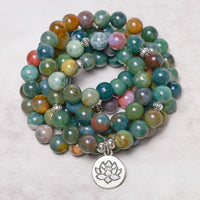 KarmaRipples 108 Mala-Perlenarmband mit indischem Achat, Lotus, OM, Buddha, Lebensbaum, positive Ruhe