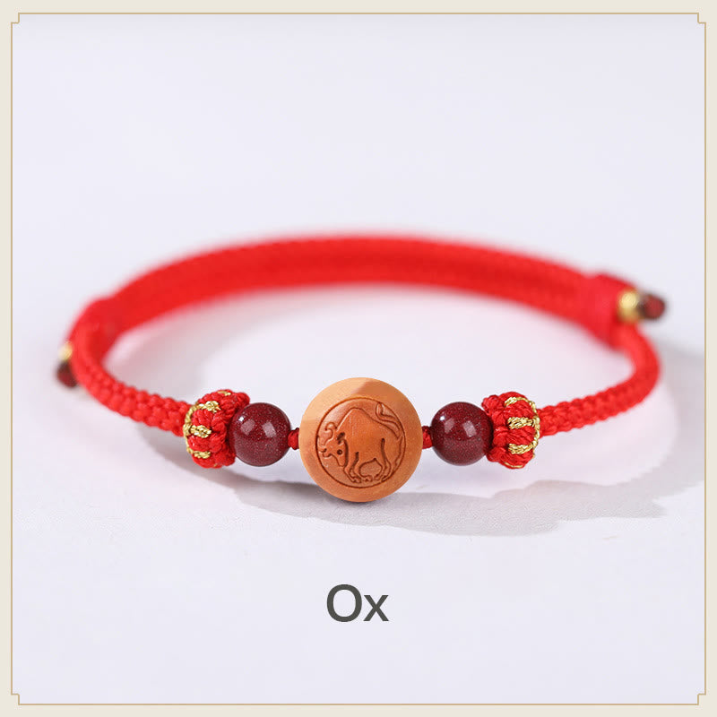 KarmaRipple's Authentic Peach Wood Chinese Zodiac Fu Character Carved Cinnabar Wealth Bracelet p34