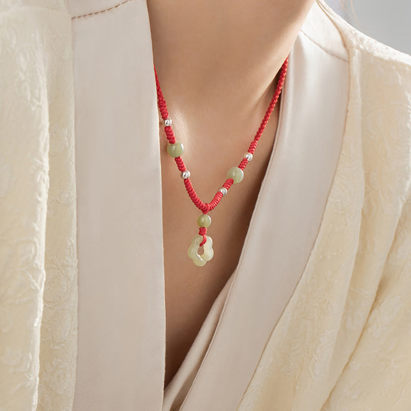 KarmaRipple's 925 Sterling Silver Authentic Hetian Cyan Jade Flower Pentagram Fortune Red Rope Pendant Necklace Bracelet Set p8