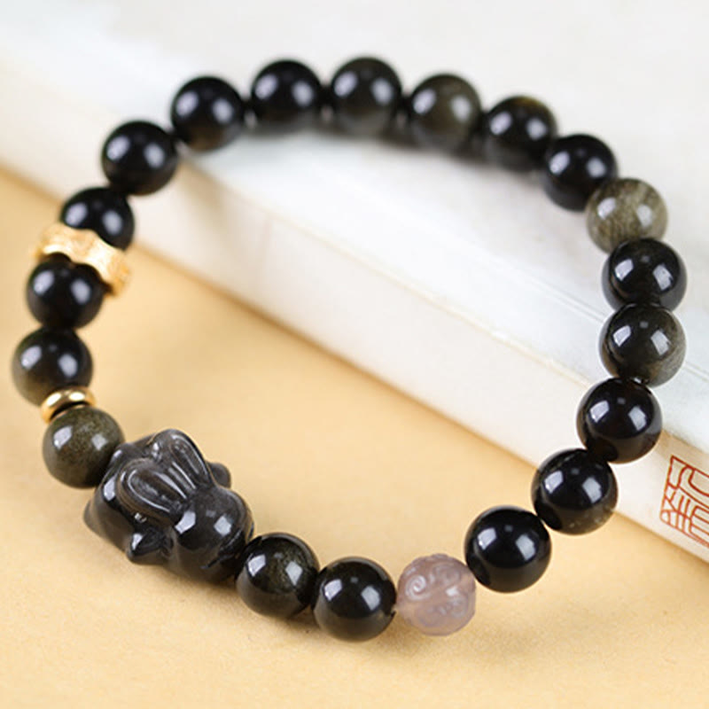KarmaRipple's Gold Sheen Obsidian Black Obsidian Silver Sheen Obsidian Cute Rabbit Protection Bracelet p8