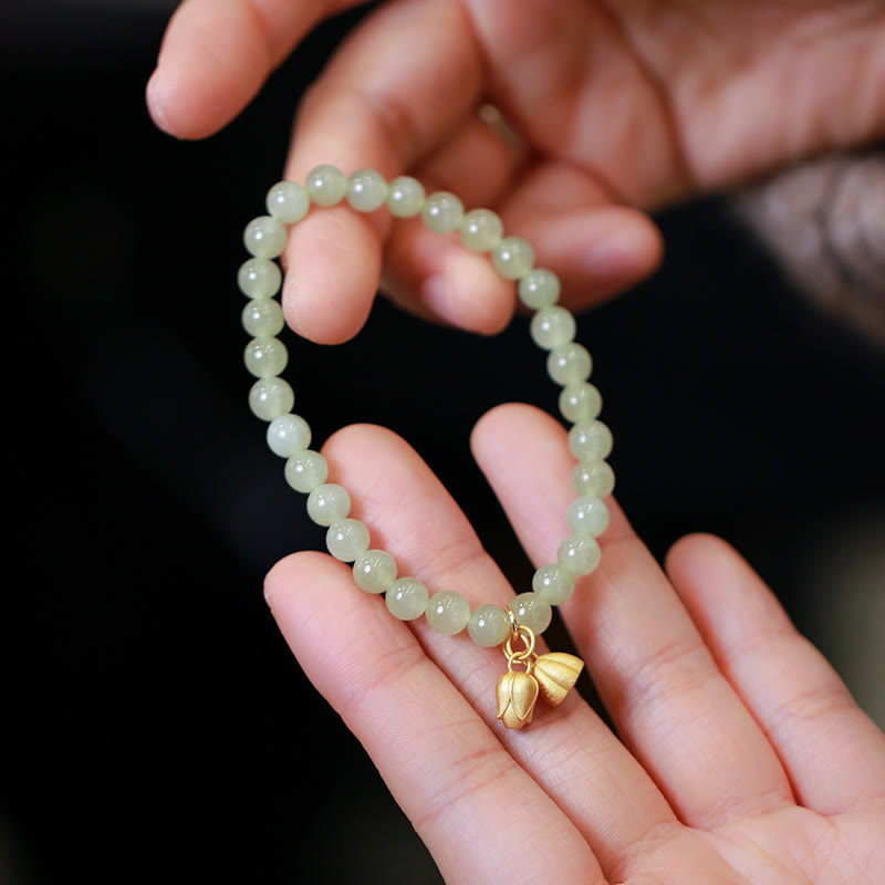 KarmaRipple's 925 Sterling Silver Plated Gold Authentic Hetian Jade Bead Gourd Lotus Bamboo Fu Character Fortune Bracelet p30