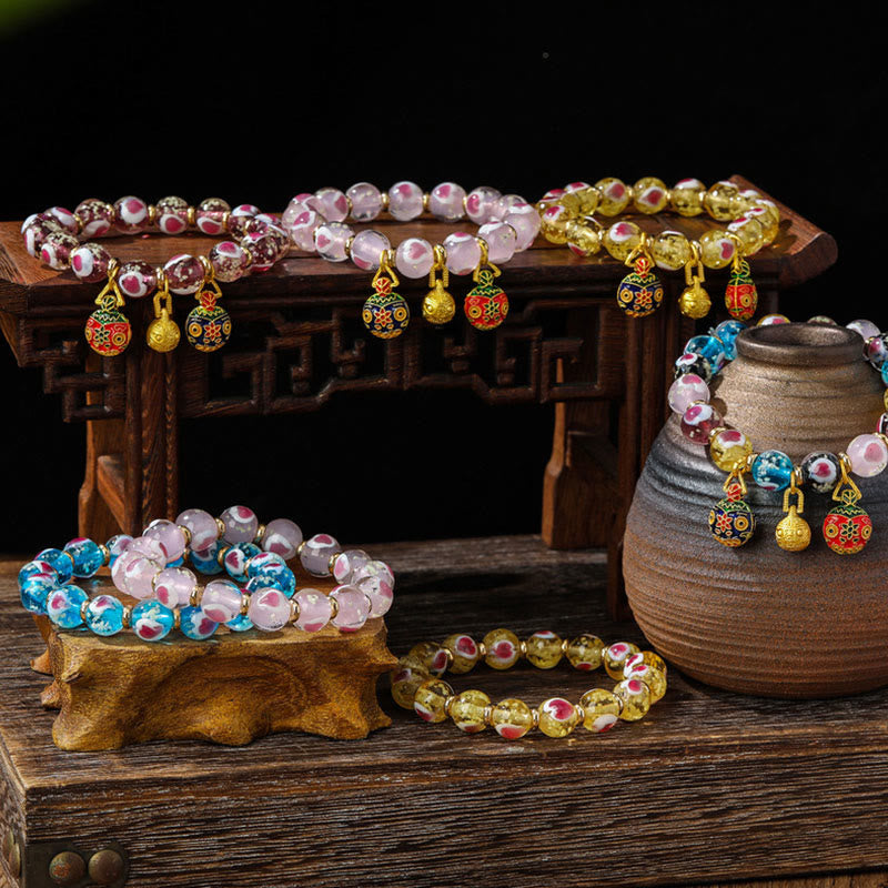 KarmaRipple's Gold Swallowing Beast Family Pink Love Heart Luminous Fluorescent Liuli Glass Bead Bracelet p23