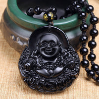 Halskette mit Anhänger „Lachender Buddha“ aus schwarzem Obsidian von KarmaRipple