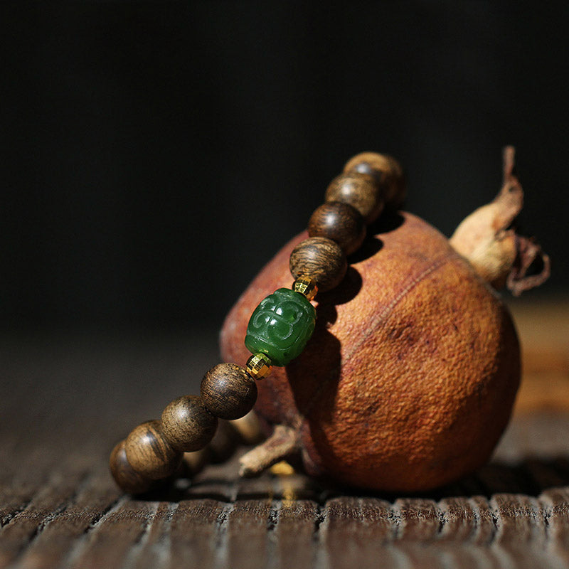 KarmaRipple's 999 Gold Brunei Agarwood Cyan Jade Lotus Flower Peace Strength Bracelet p21