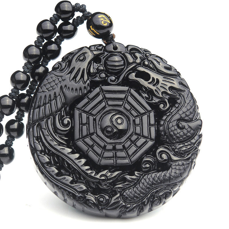 KarmaRipple's Bagua Dragon Phoenix Obsidian Fulfilment Necklace Pendant p1