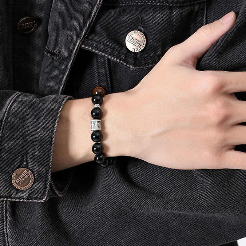 KarmaRipple's 999 Sterling Silver Black Obsidian Tiger Eye Om Mani Padme Hum Fulfillment Bracelet p8
