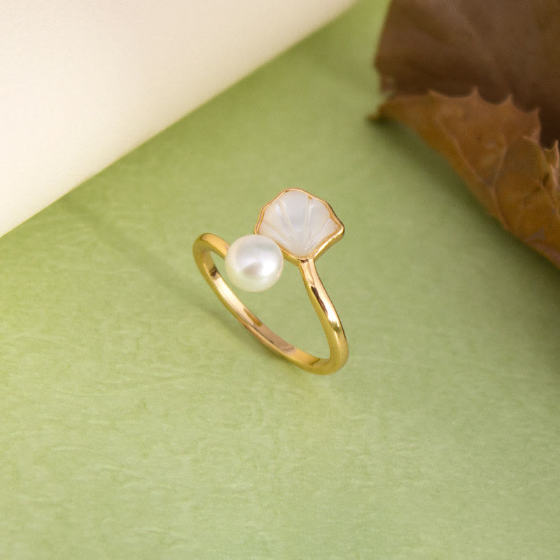 KarmaRipple's Ginkgo Tridacna Stone Pearl Bead Bronze Blessing Pendant Necklace Ring Earrings Set p3