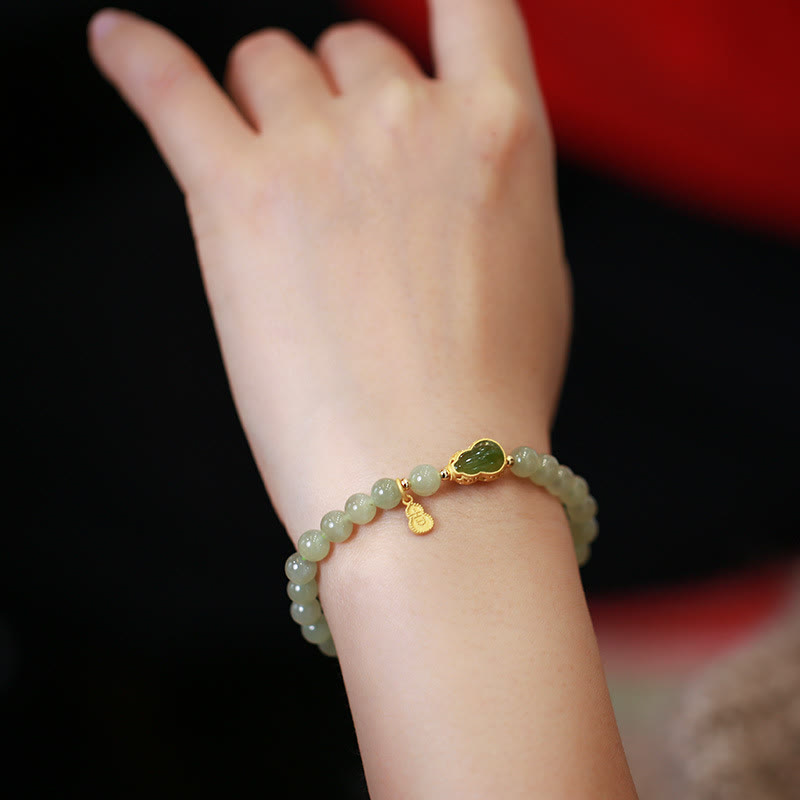 KarmaRipple's 925 Sterling Silver Plated Gold Authentic Hetian Jade Bead Gourd Lotus Bamboo Fu Character Fortune Bracelet p20