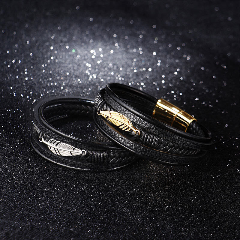 KarmaRipple's Feather Pattern Multilayer Leather Titanium Steel Calm Woven Magnetic Buckle Bracelet p8