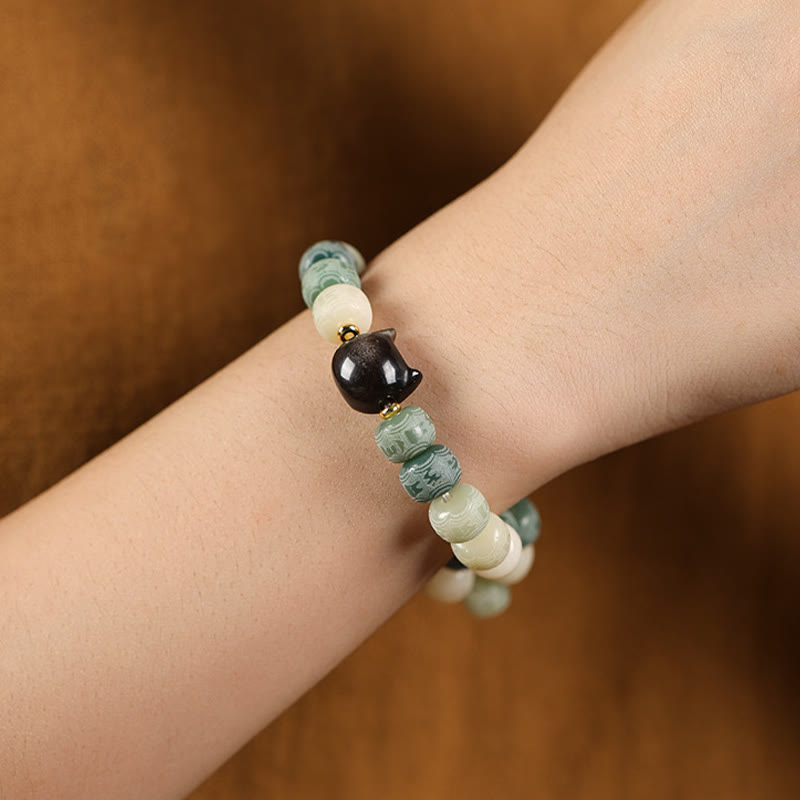 KarmaRipple's Bodhi Seed Silver Sheen Obsidian Cat Head Om Mani Padme Hum Engraved Balance Bracelet p12