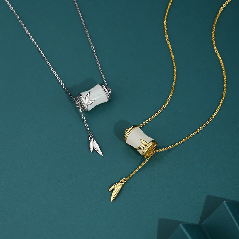 KarmaRipple's 925 Sterling Silver 22K Gold Hetian Ivory Jade Bamboo Leaf Fortune Pendant Necklace Bracelet p5