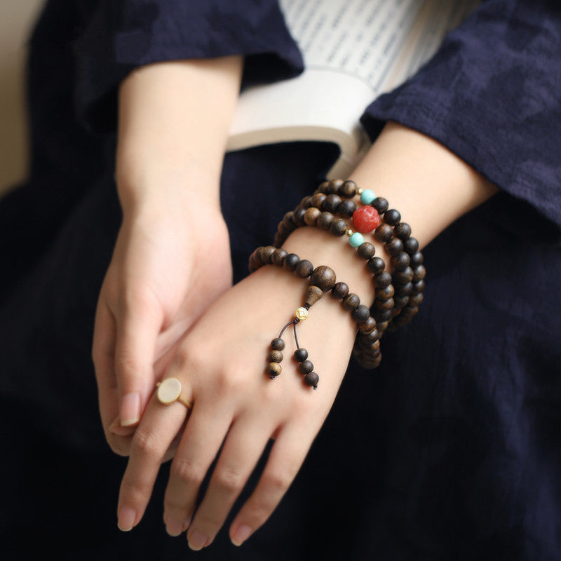 KarmaRipple's 108 Mala Beadwork Agarwood Red Agate Turquoise Peace Meditation Bracelet p5