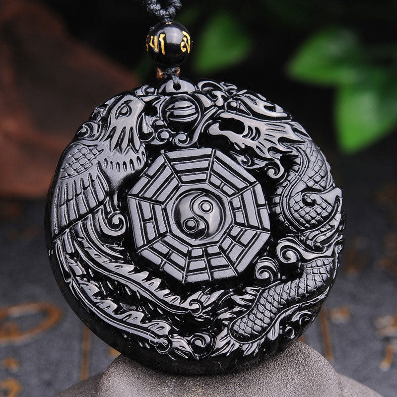KarmaRipple's Bagua Dragon Phoenix Obsidian Fulfilment Necklace Pendant p2