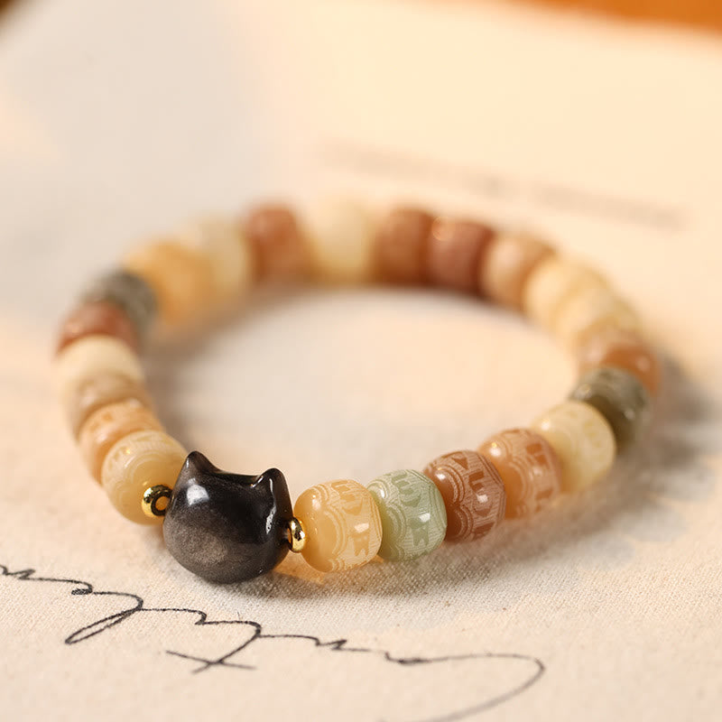 KarmaRipple's Bodhi Seed Silver Sheen Obsidian Cat Head Om Mani Padme Hum Engraved Balance Bracelet p18