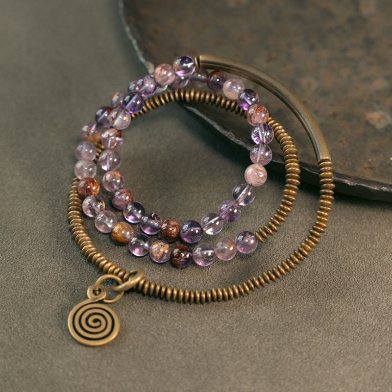 KarmaRipple's Purple Phantom Red Hematoid Quartz Green Rutilated Quartz Bronze Love Forgive Bracelet p31