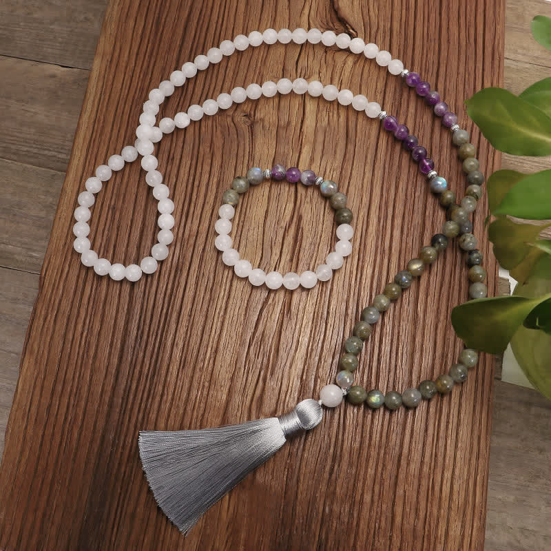 KarmaRipple's 108 Mala Beadwork Ivory Agate Amethyst Black Glitter Stone Protection Bracelet p3