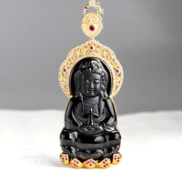 KarmaRipple's Halskette mit Anhänger aus 925er Sterlingsilber mit authentischer schwarzer Jade, Kwan Yin Avalokitesvara, Reichtum