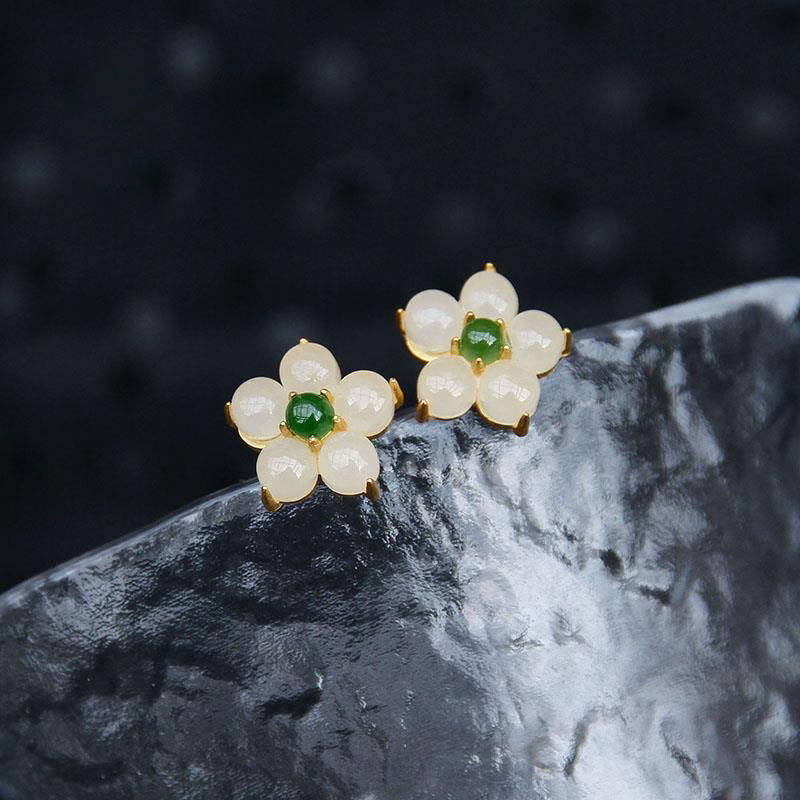 KarmaRipple's Ivory Jade Flower Fortune Blessing Stud Earrings p2