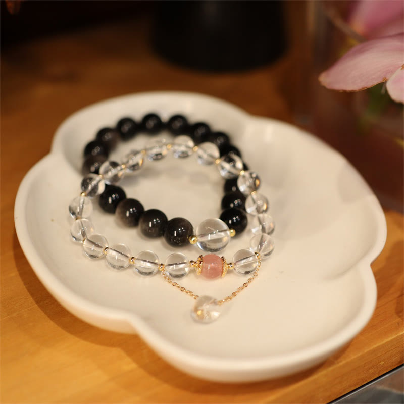 KarmaRipple's Authentic Silver Sheen Obsidian Pink Gemstone Ivory Gemstone Protection Yin Yang Color Pair Bracelet p3