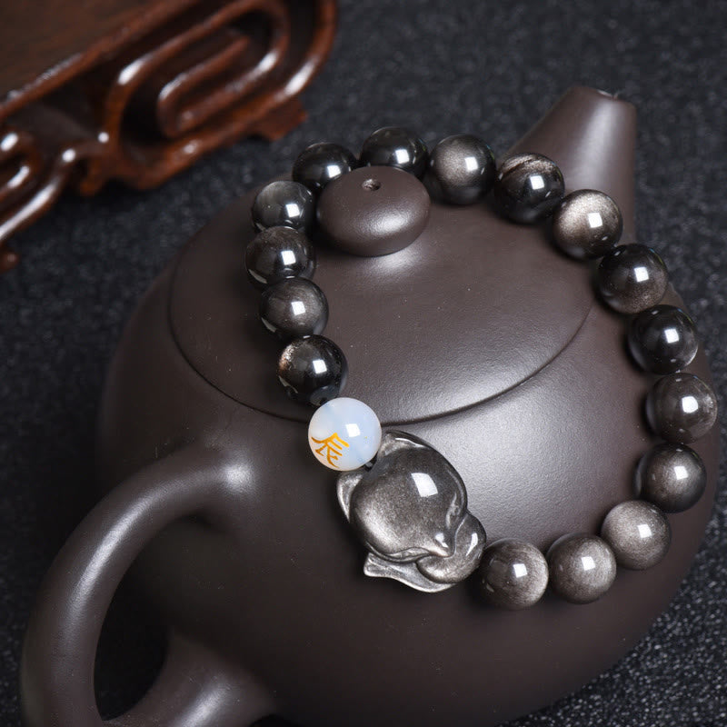 KarmaRipple's Authentic Rainbow Obsidian Gold Sheen Obsidian Silver Sheen Obsidian Fox Balancing Bracelet p47