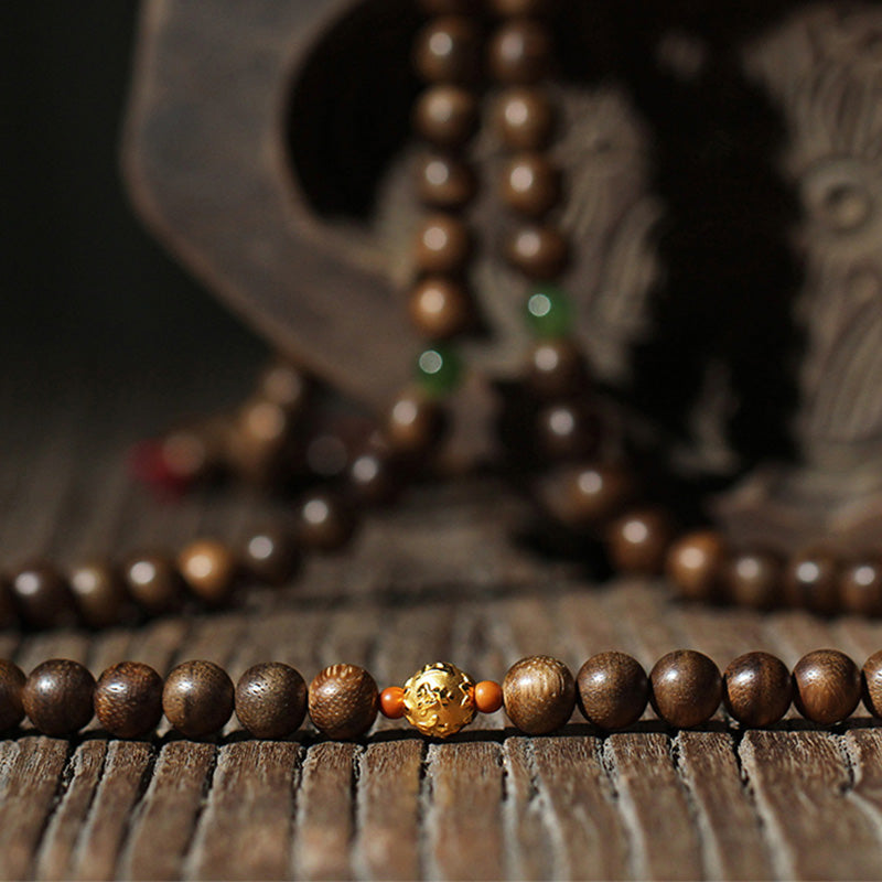 KarmaRipple's 999 Gold 108 Mala Beadwork Kalimantan Agarwood Cyan Jade Six True Words Strength Bracelet p13