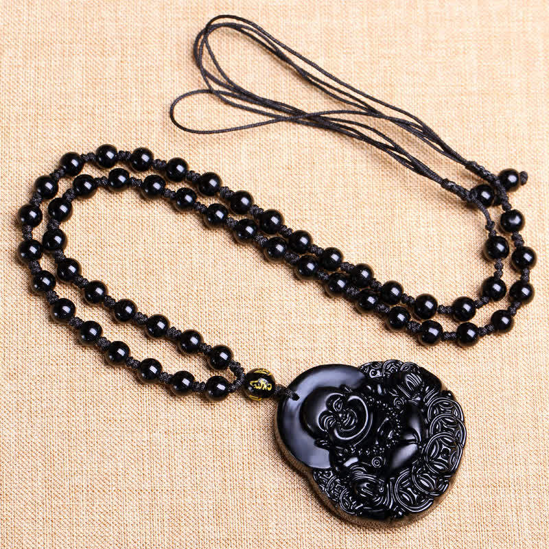 KarmaRipple's Laughing Buddha Black Obsidian Strength Protection Necklace Pendant p5