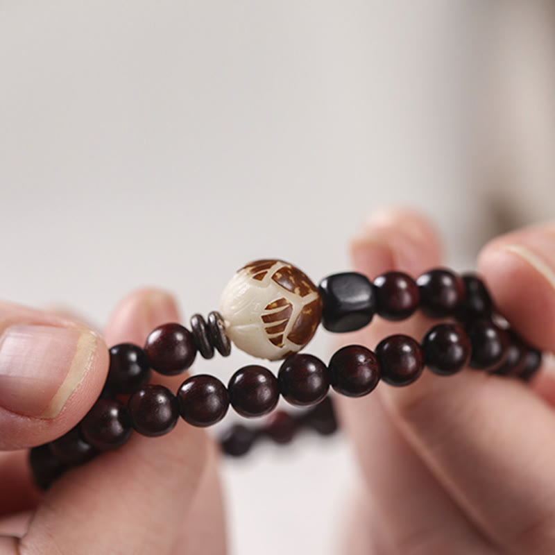 KarmaRipple's Small Leaf Red Sandalwood Lotus Bodhi Seed Carved Protection Double Wrap Bracelet p5