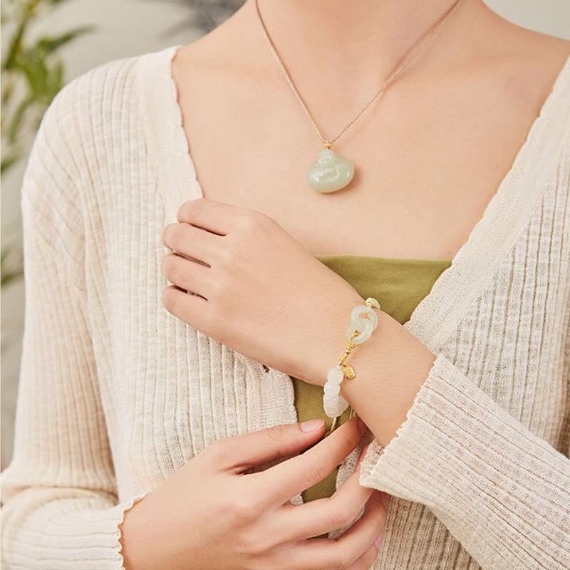 KarmaRipple's Authentic Hetian Jade Bead Double Peace Buckle Fu Character Abundance Woven Bracelet p24